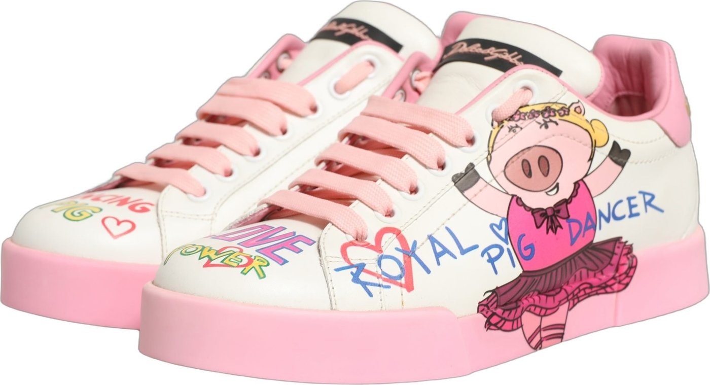 Dolce & Gabbana White Pink Portofino Royal Pig Sneakers Shoes