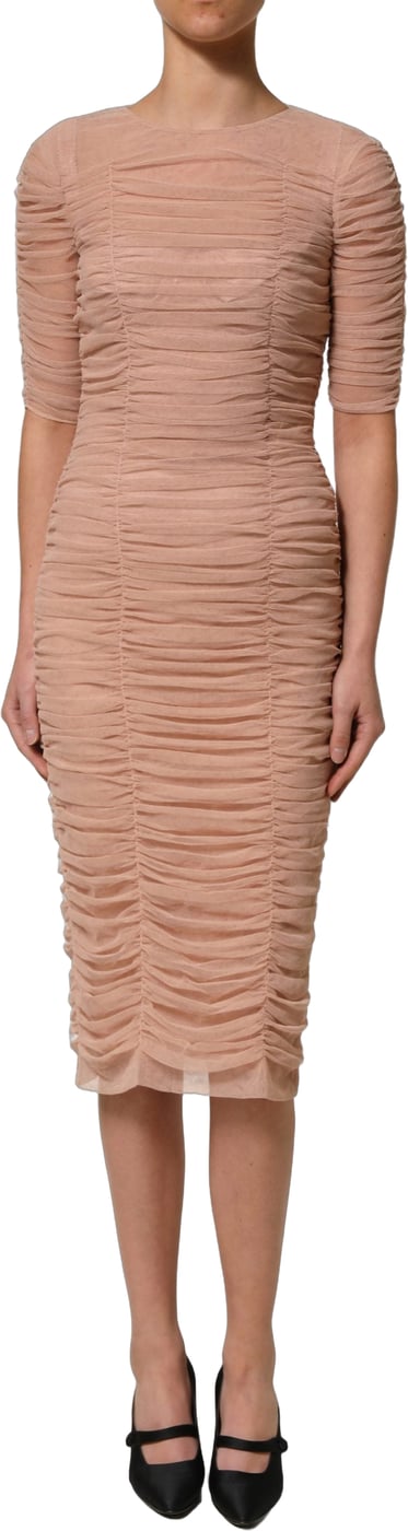 Dolce & Gabbana Beige Cotton Mesh Ruched Sheath Midi Dress