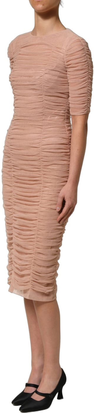 Dolce & Gabbana Beige Cotton Mesh Ruched Sheath Midi Dress