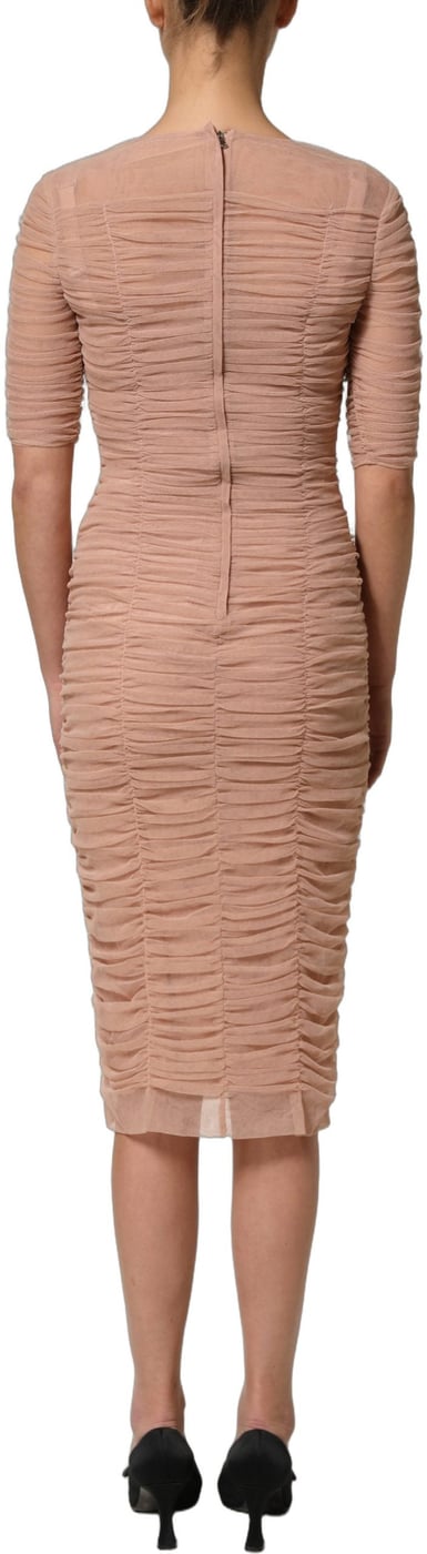 Dolce & Gabbana Beige Cotton Mesh Ruched Sheath Midi Dress