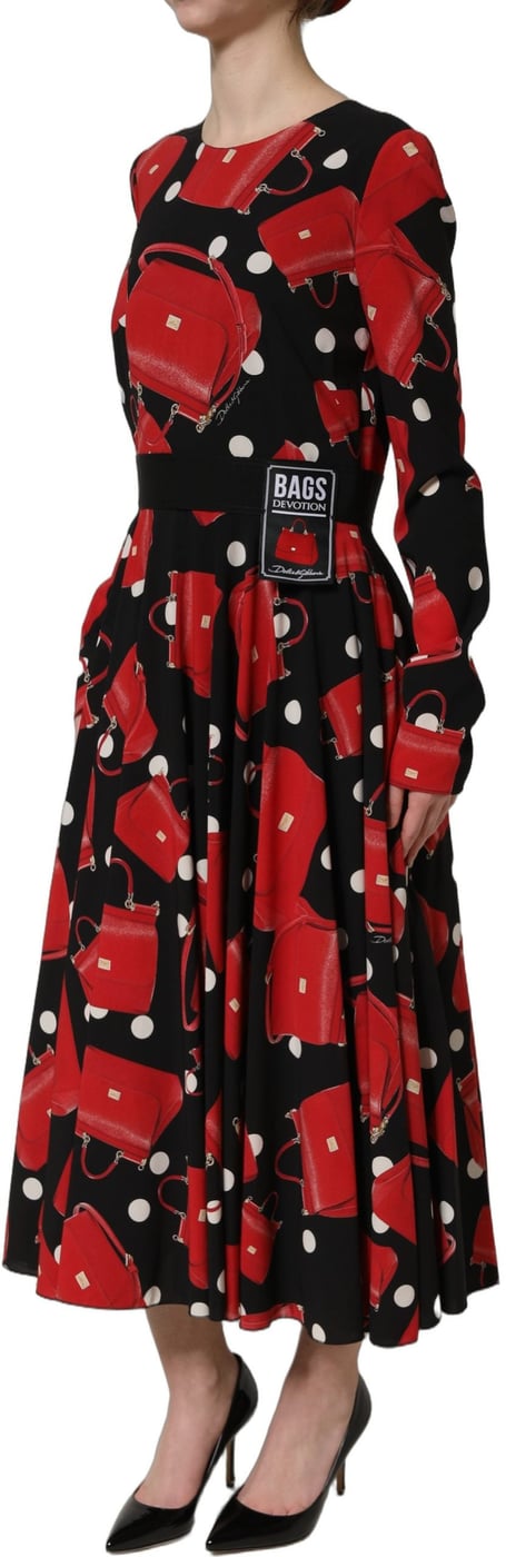 Dolce & Gabbana Black Handbag Print Long Sleeve Midi Dress