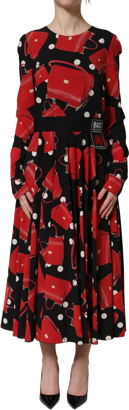Dolce & Gabbana Black Handbag Print Long Sleeve Midi Dress