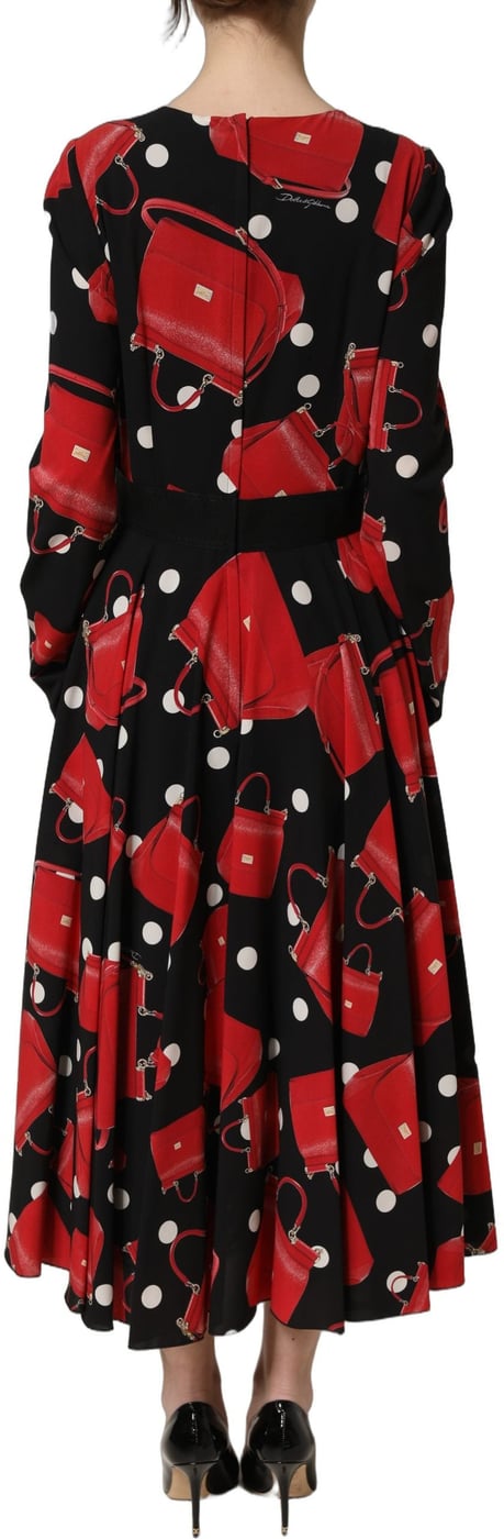 Dolce & Gabbana Black Handbag Print Long Sleeve Midi Dress