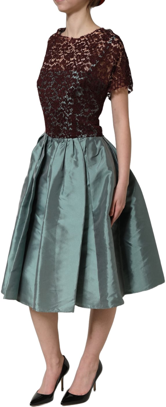 Dolce & Gabbana Multicolor Floral Lace Taffeta Pleated Midi Dress