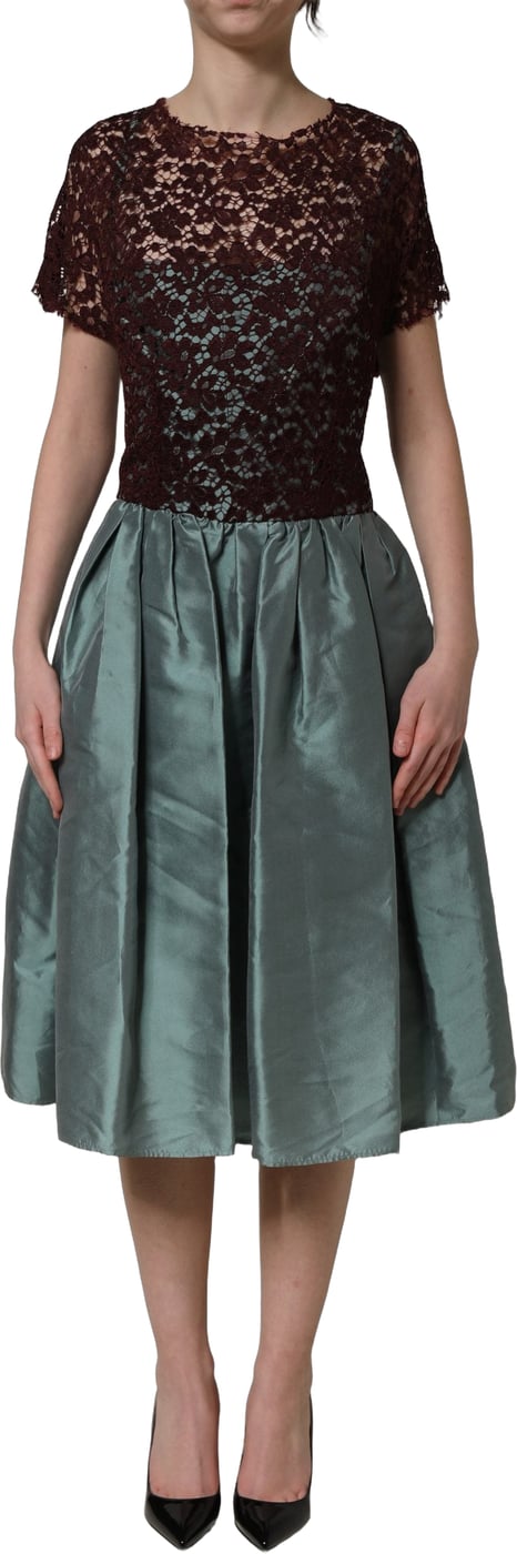 Dolce & Gabbana Multicolor Floral Lace Taffeta Pleated Midi Dress