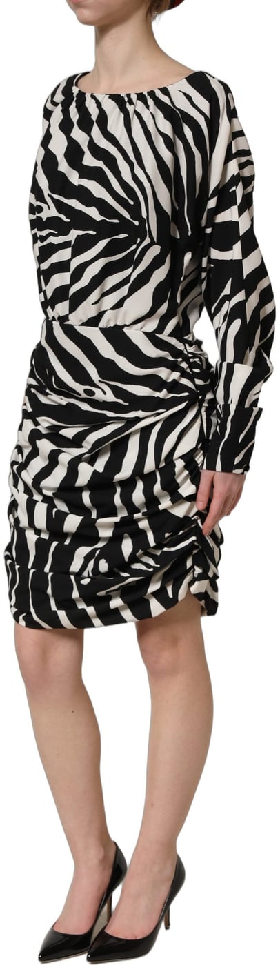 Dolce & Gabbana Black White Zebra Ruched Silk Mini Dress