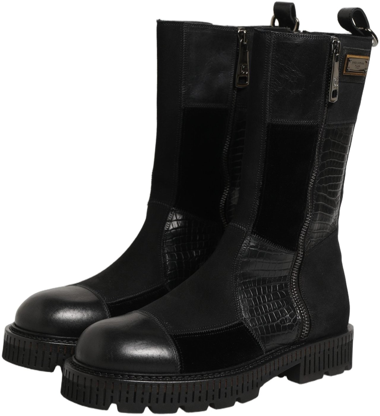 Dolce & Gabbana Black Patchwork Leather Mid Calf Boots Shoes