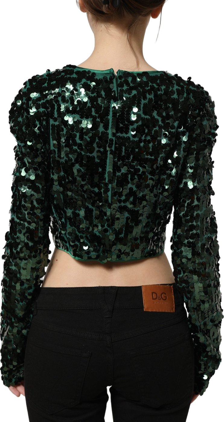 Dolce & Gabbana Green Sequined Long Sleeves Crop Blouse Top
