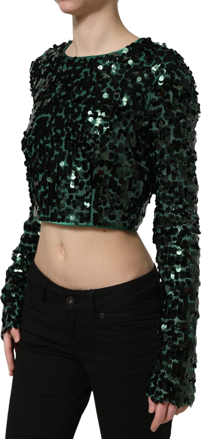 Dolce & Gabbana Green Sequined Long Sleeves Crop Blouse Top