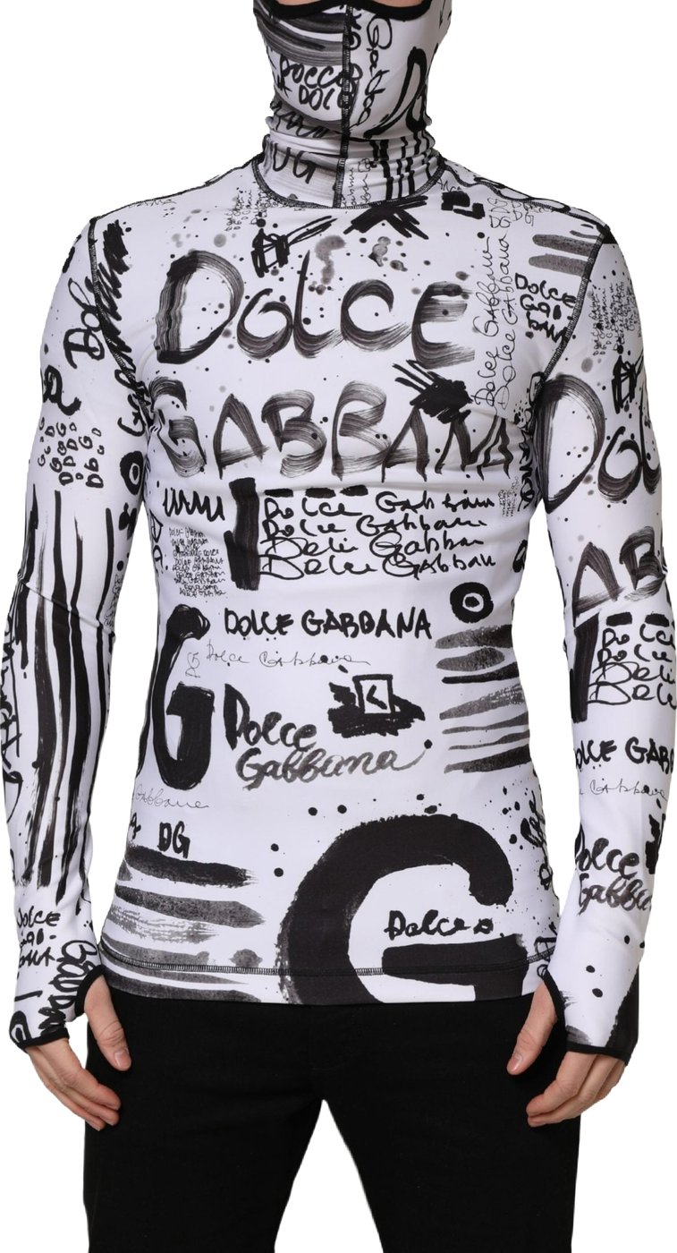 Dolce & Gabbana White Jersey Graffiti Print Balaclava Hood Sweater