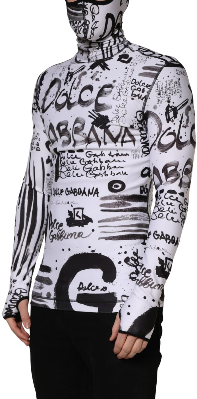 Dolce & Gabbana White Jersey Graffiti Print Balaclava Hood Sweater