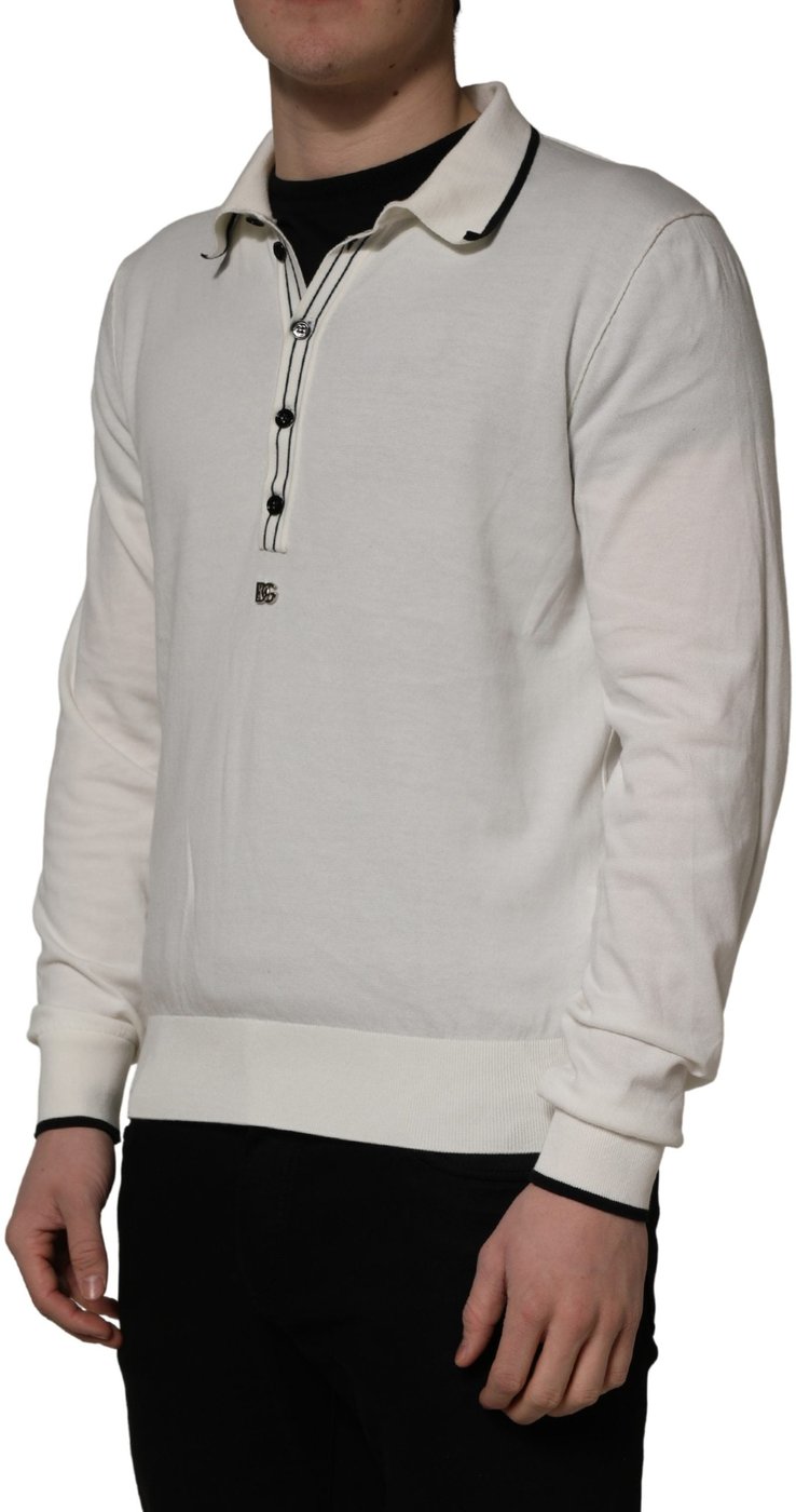Dolce & Gabbana White Cotton Blend Men Polo Pullover Sweater