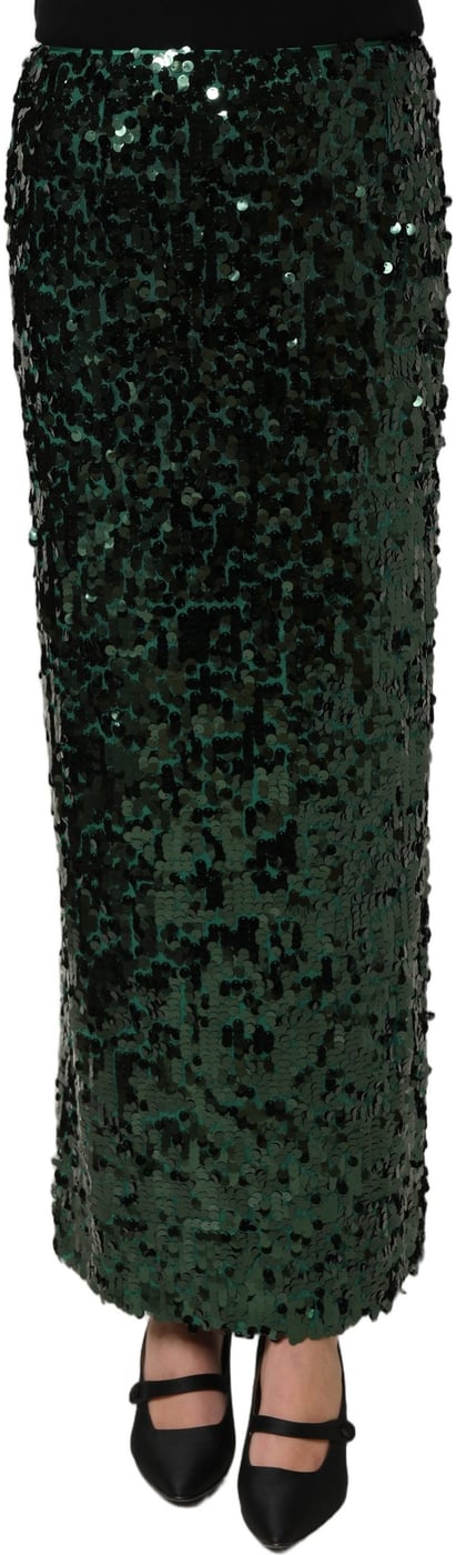 Dolce & Gabbana Green Sequin High Waist Pencil Cut Midi Skirt