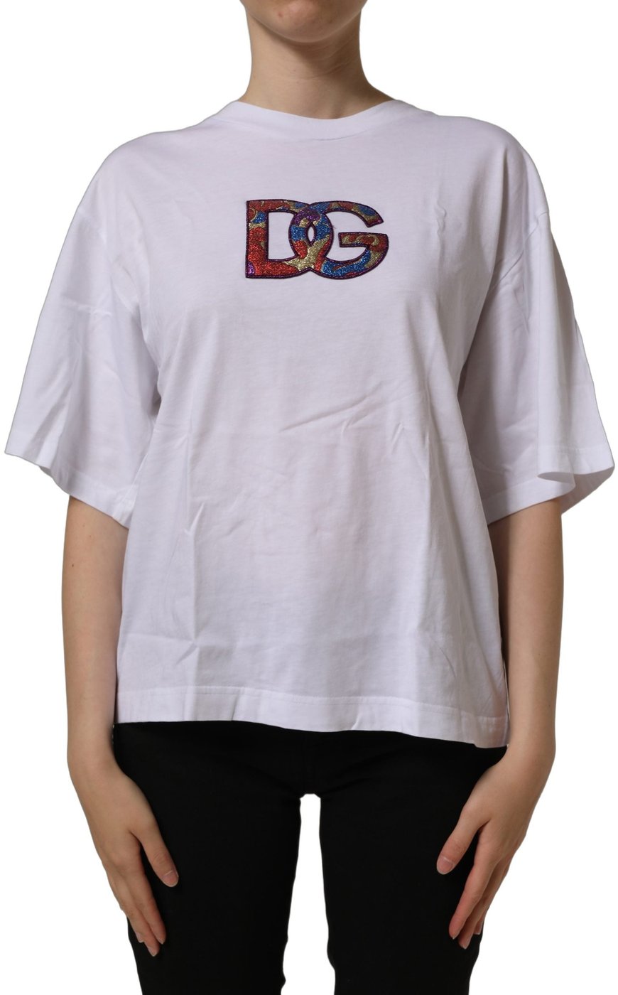 Dolce & Gabbana White Logo Patch Cotton Crew Neck T-shirt