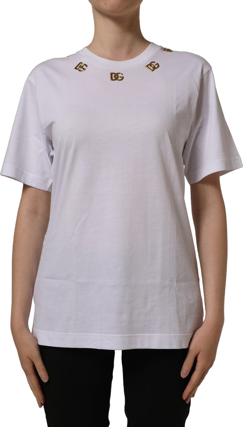 Dolce & Gabbana White Cotton Gold DG Logo Crew Neck T-shirt