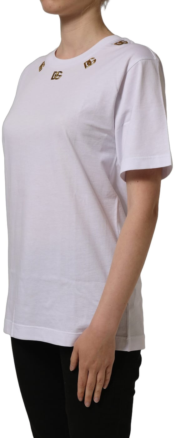 Dolce & Gabbana White Cotton Gold DG Logo Crew Neck T-shirt