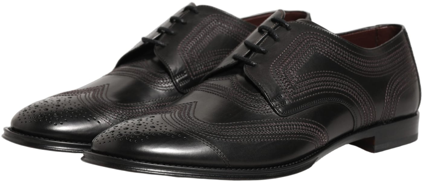 Dolce & Gabbana Black Embroidered Leather Derby Dress Shoes