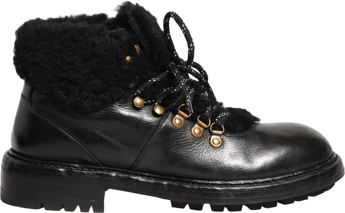 Dolce & Gabbana Black Trekking Fur Lace Leather Boots Shoes