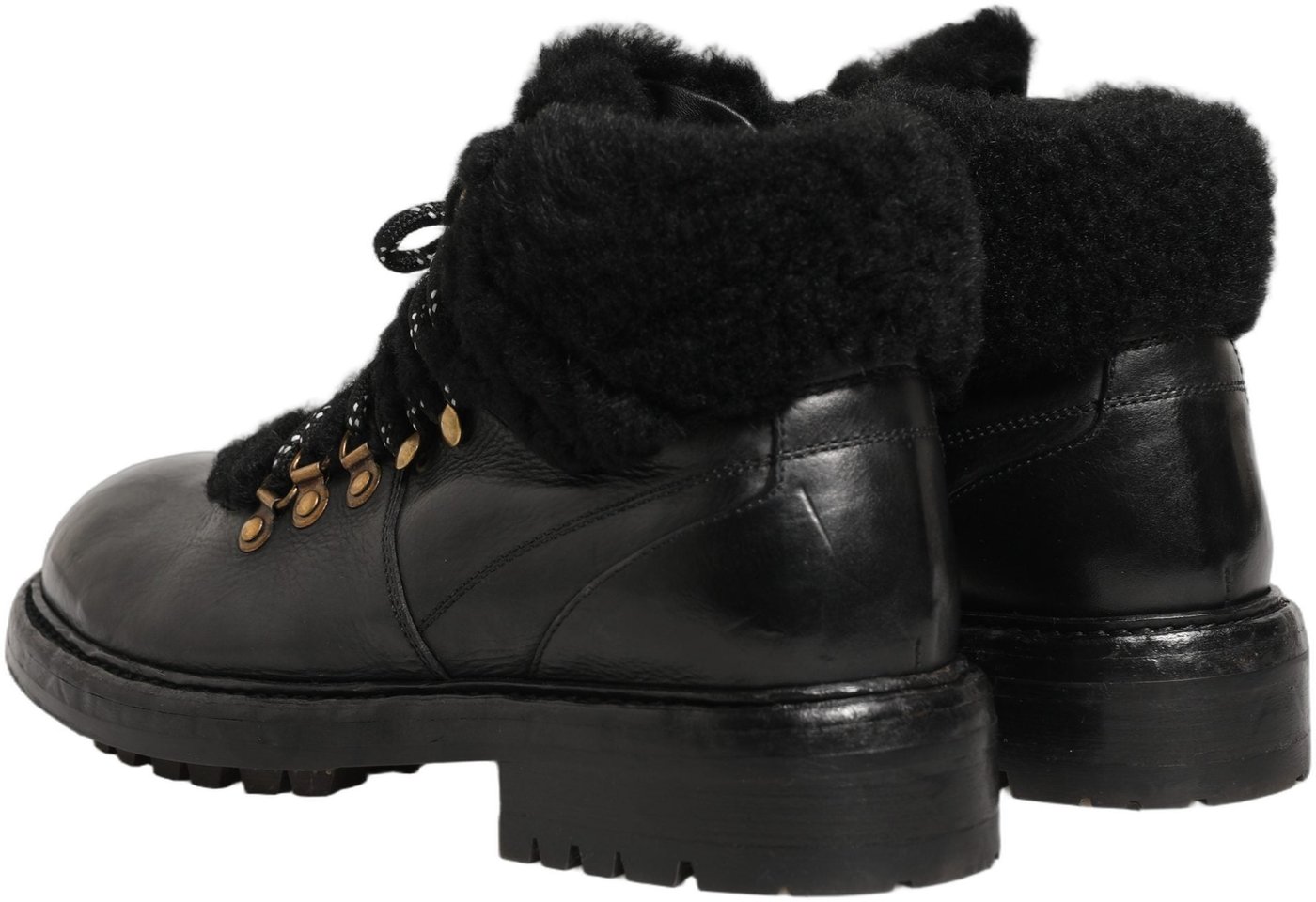 Dolce & Gabbana Black Trekking Fur Lace Leather Boots Shoes