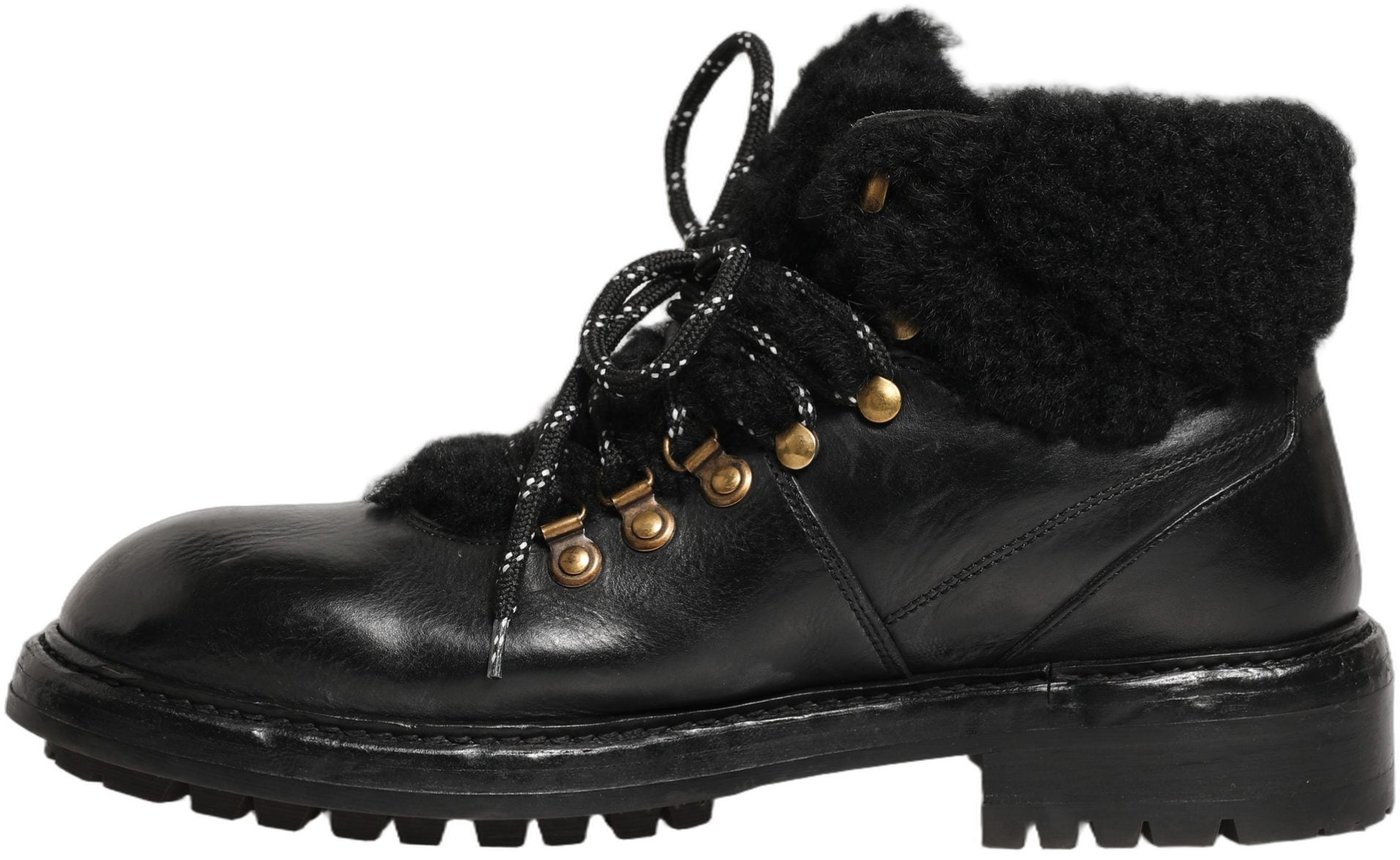 Dolce & Gabbana Black Trekking Fur Lace Leather Boots Shoes