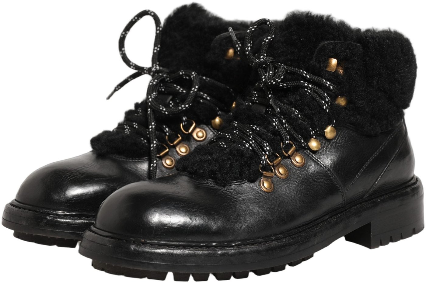 Dolce & Gabbana Black Trekking Fur Lace Leather Boots Shoes