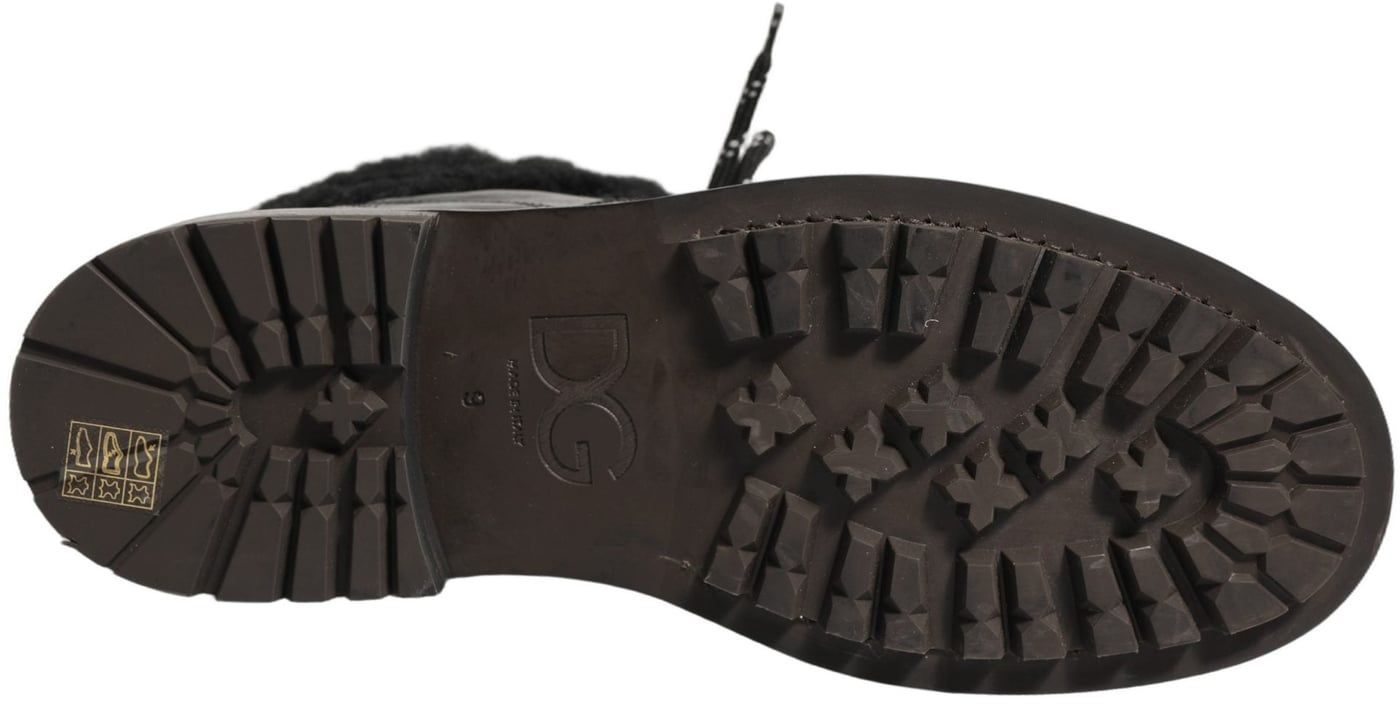 Dolce & Gabbana Black Trekking Fur Lace Leather Boots Shoes