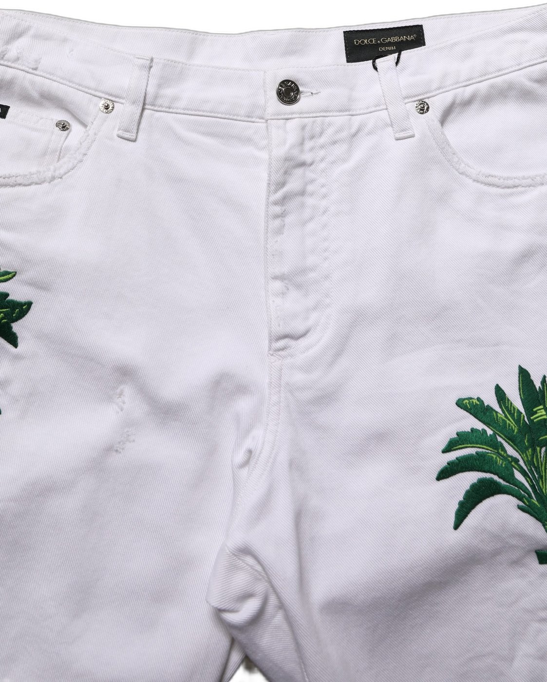 Dolce & Gabbana White Palm Embroidery Denim Bermuda Shorts