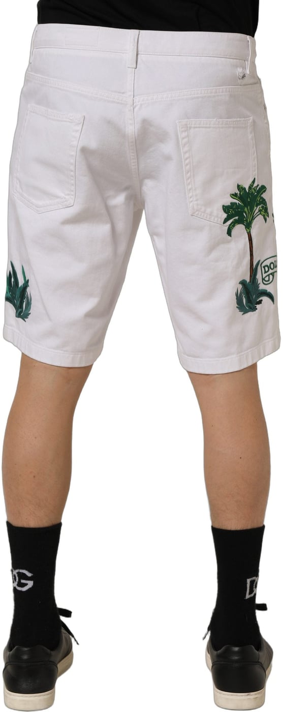 Dolce & Gabbana White Palm Embroidery Denim Bermuda Shorts