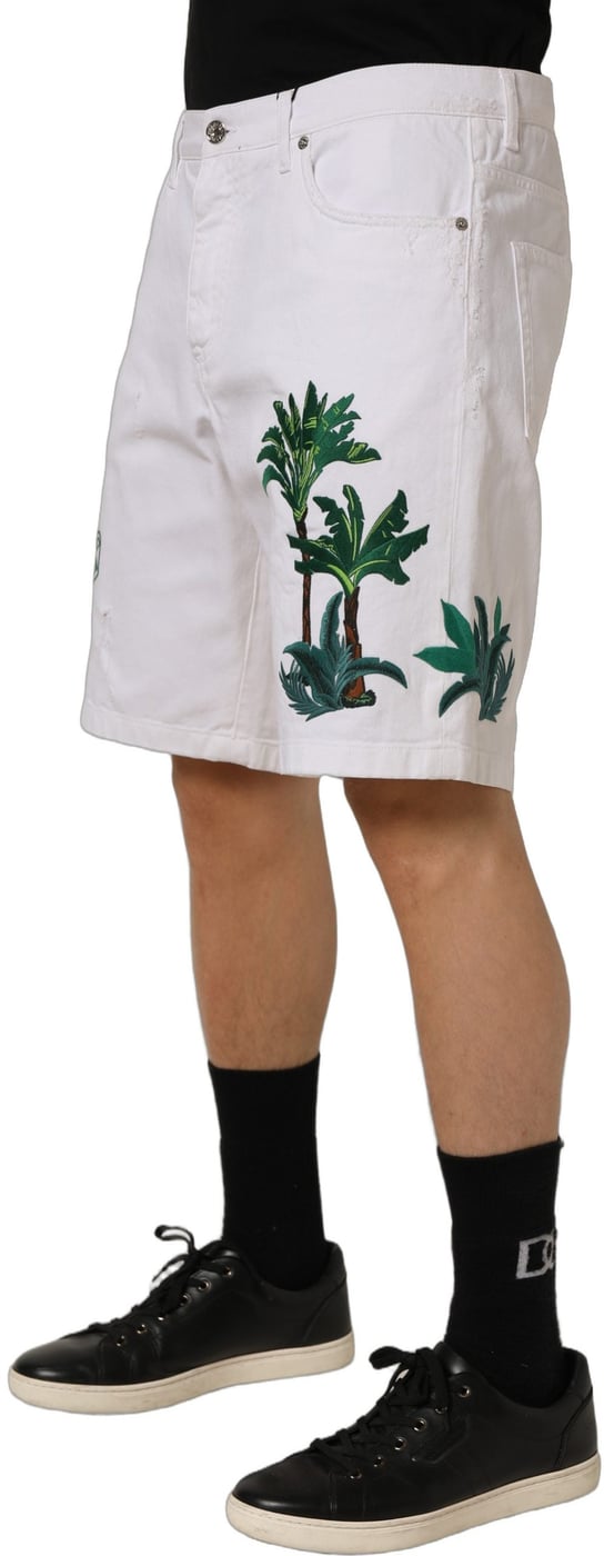 Dolce & Gabbana White Palm Embroidery Denim Bermuda Shorts