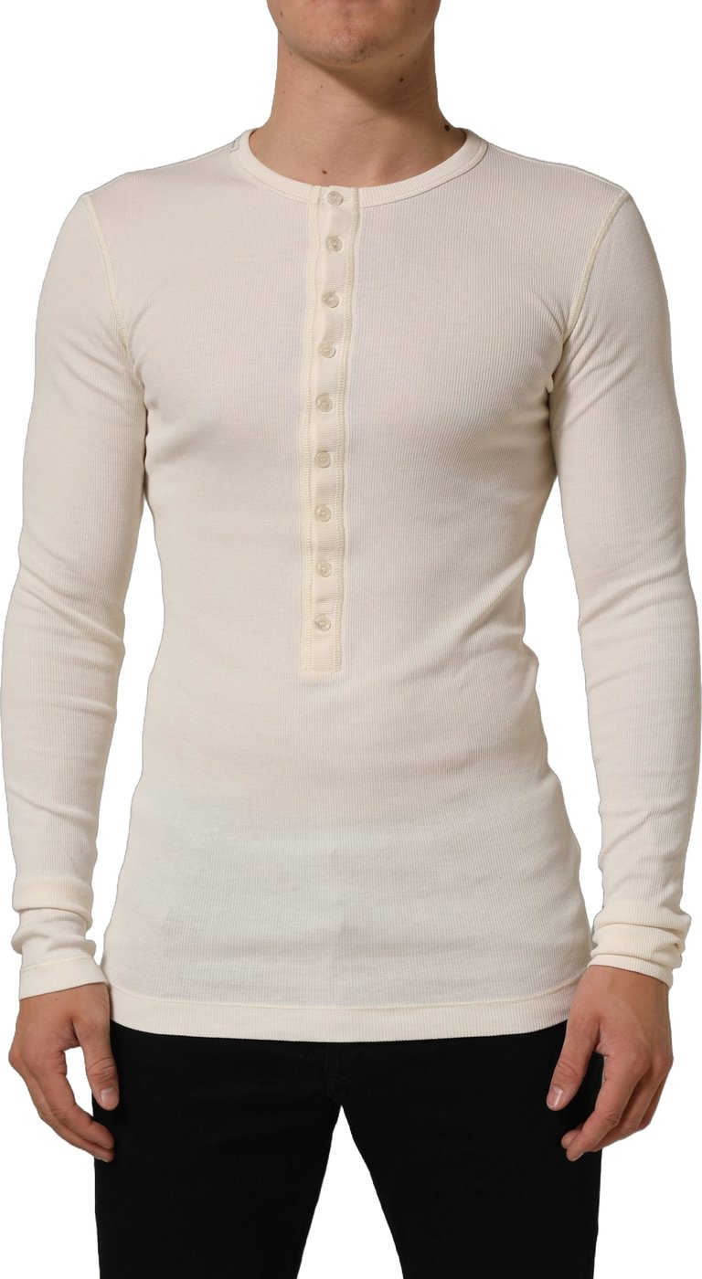 Dolce & Gabbana Off White Cotton Henley Long Sleeves T-shirt