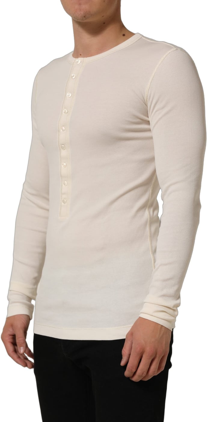 Dolce & Gabbana Off White Cotton Henley Long Sleeves T-shirt