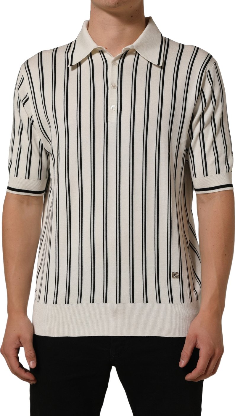 Dolce & Gabbana White Black Stripe Collared Polo T-shirt
