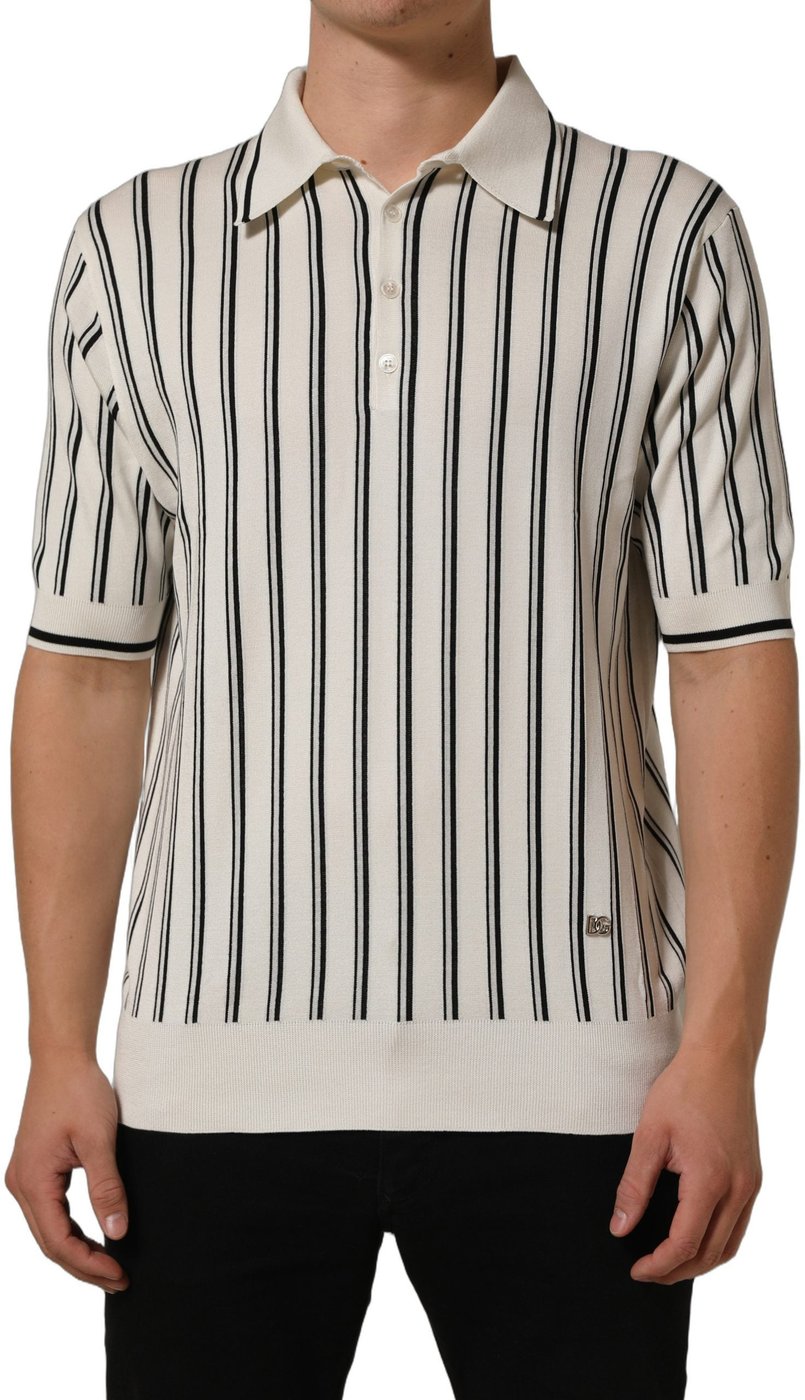 Dolce & Gabbana White Black Stripe Collared Polo T-shirt