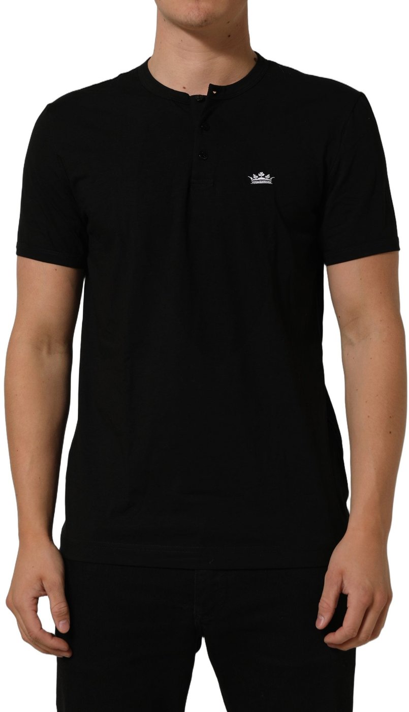 Dolce & Gabbana Black Crown Short Sleeved Henley Men T-shirt