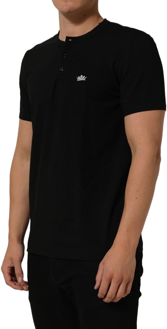 Dolce & Gabbana Black Crown Short Sleeved Henley Men T-shirt