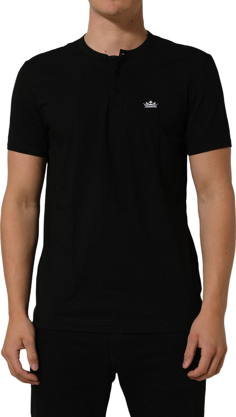 Dolce & Gabbana Black Crown Short Sleeved Henley Men T-shirt