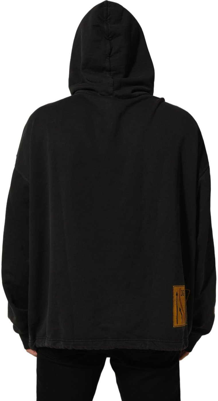 Dolce & Gabbana Black Cotton Logo Hooded Oversize Sweater