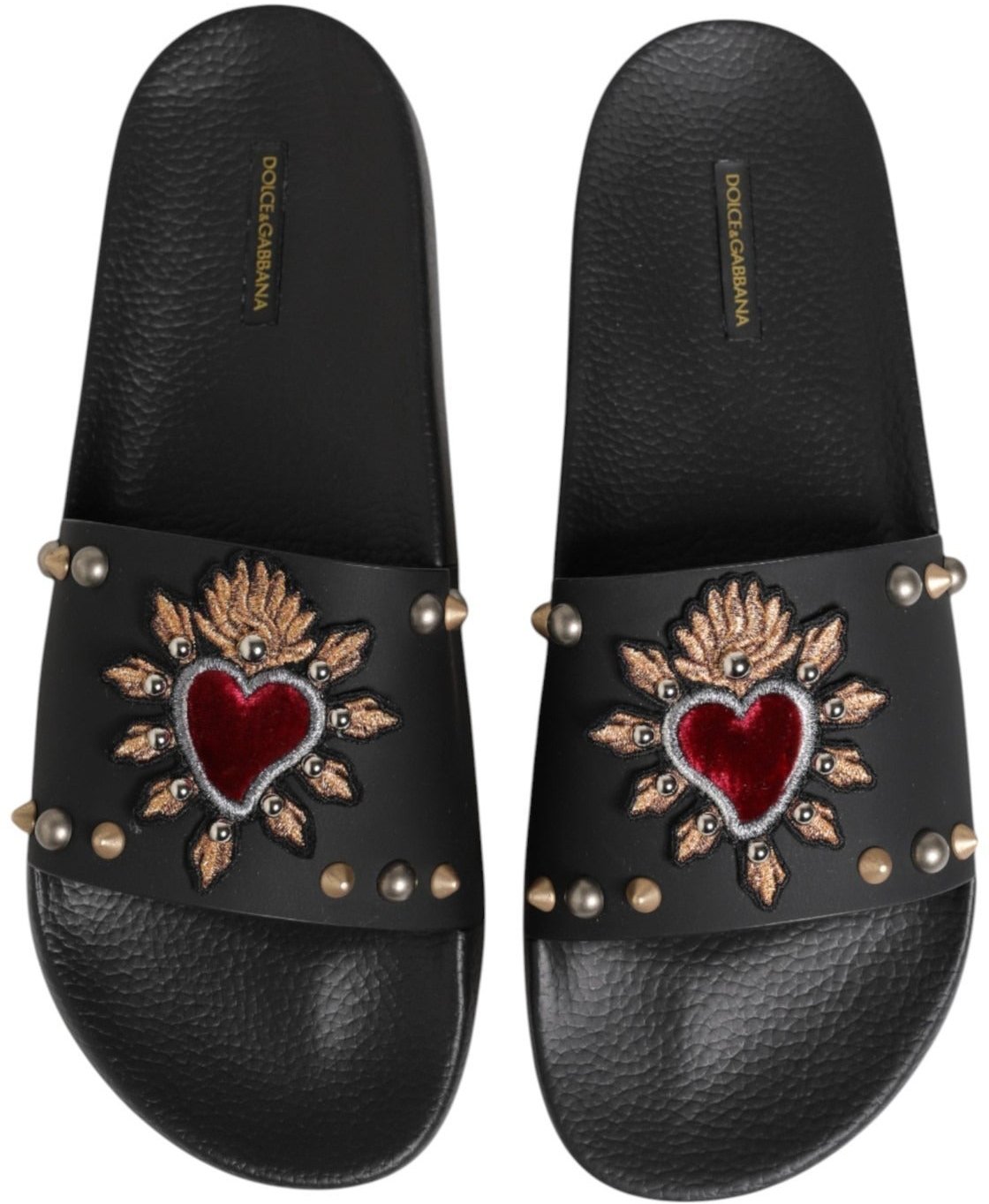 Dolce & Gabbana Black Heart Patch Rubber Calfskin Slippers Shoes