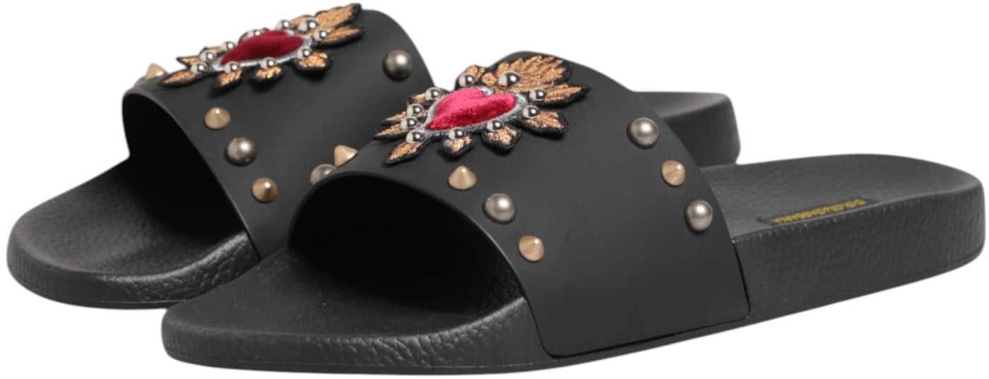 Dolce & Gabbana Black Heart Patch Rubber Calfskin Slippers Shoes