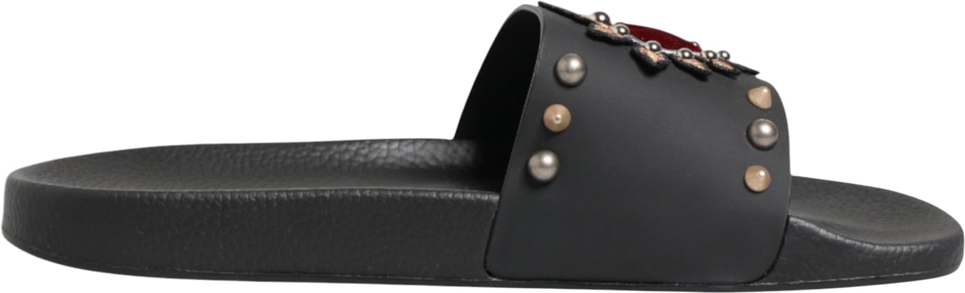 Dolce & Gabbana Black Heart Patch Rubber Calfskin Slippers Shoes