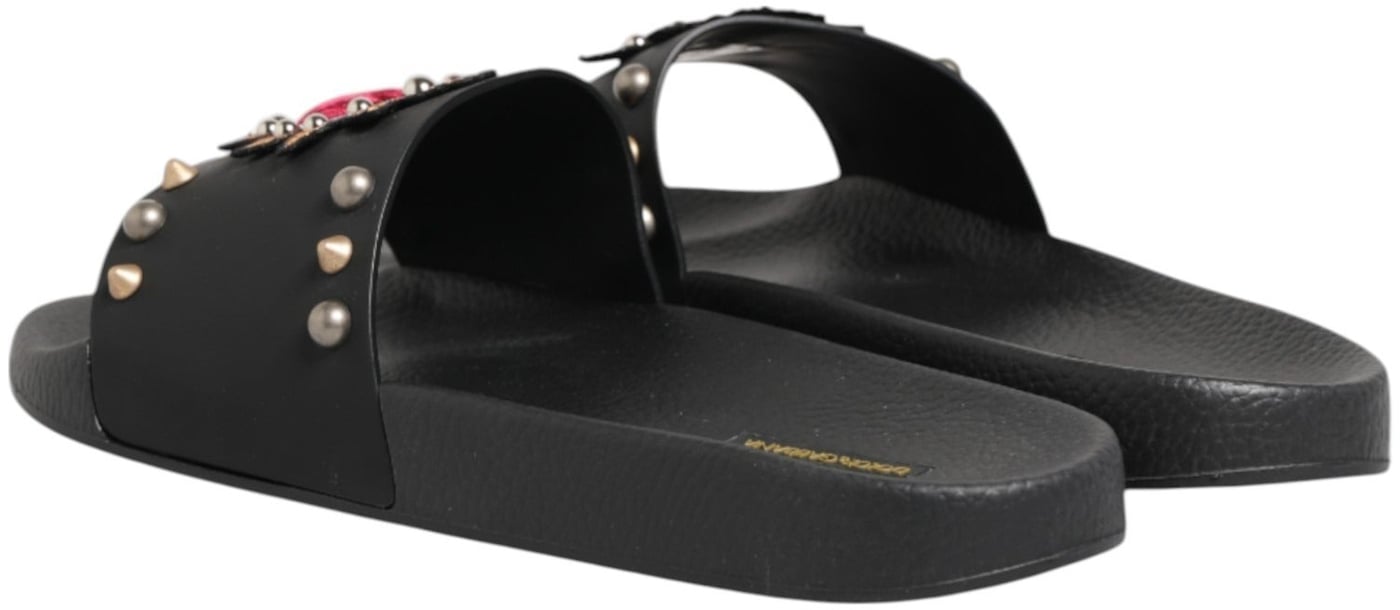 Dolce & Gabbana Black Heart Patch Rubber Calfskin Slippers Shoes