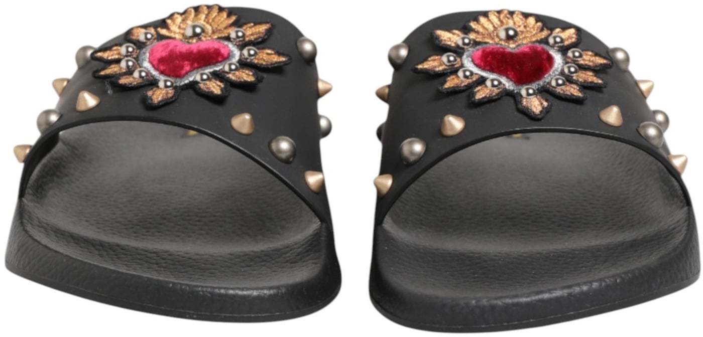 Dolce & Gabbana Black Heart Patch Rubber Calfskin Slippers Shoes