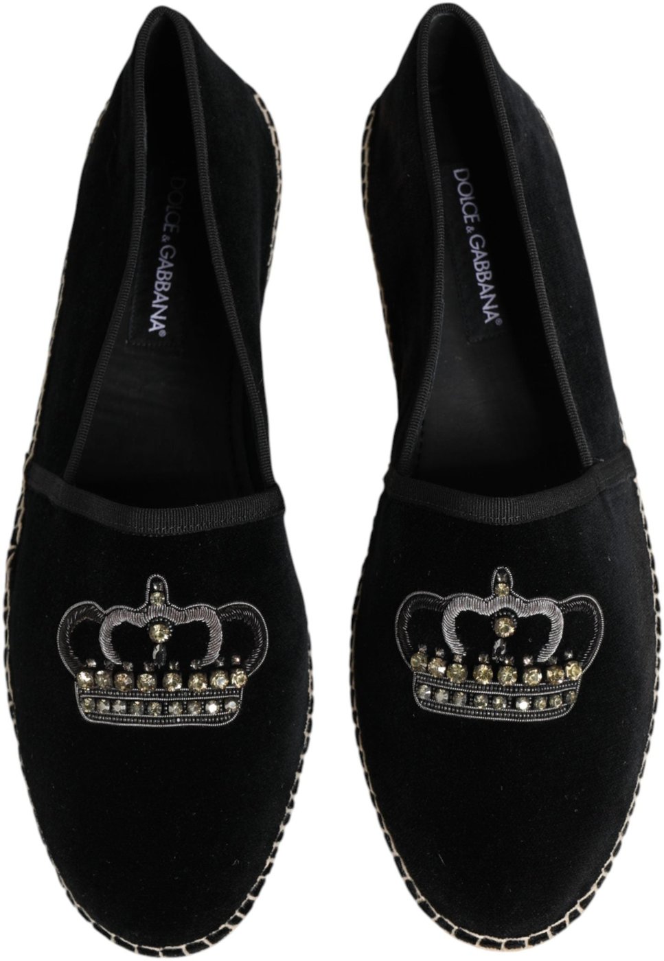 Dolce & Gabbana Black Embellished Crown Flat Espadrilles Shoes