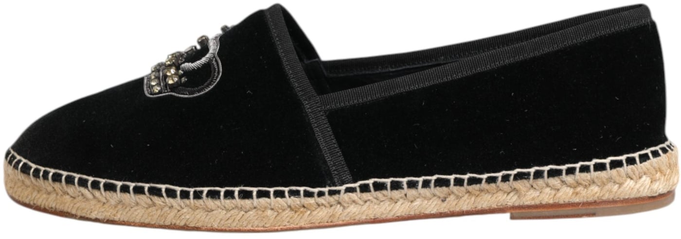 Dolce & Gabbana Black Embellished Crown Flat Espadrilles Shoes