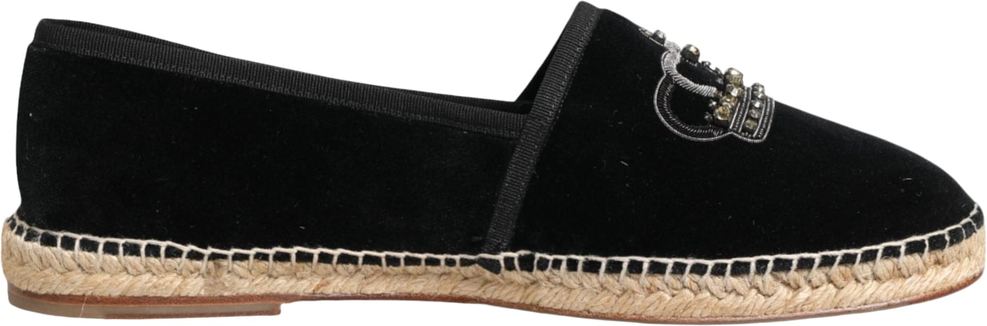 Dolce & Gabbana Black Embellished Crown Flat Espadrilles Shoes