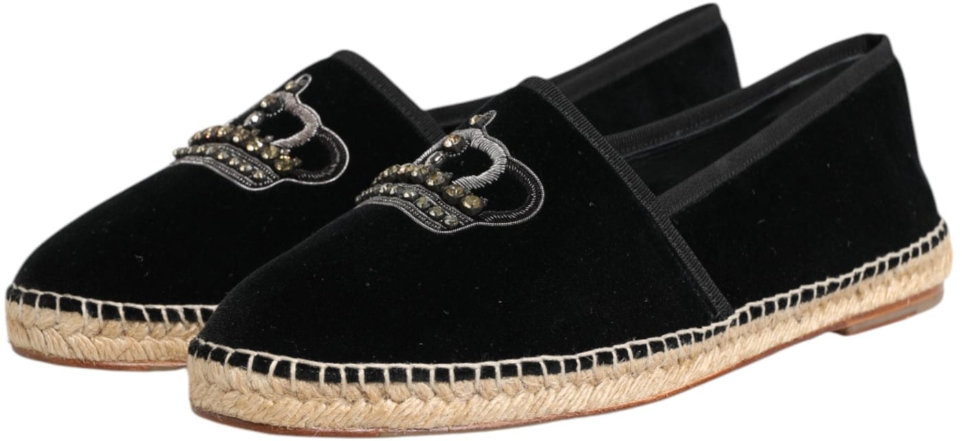 Dolce & Gabbana Black Embellished Crown Flat Espadrilles Shoes
