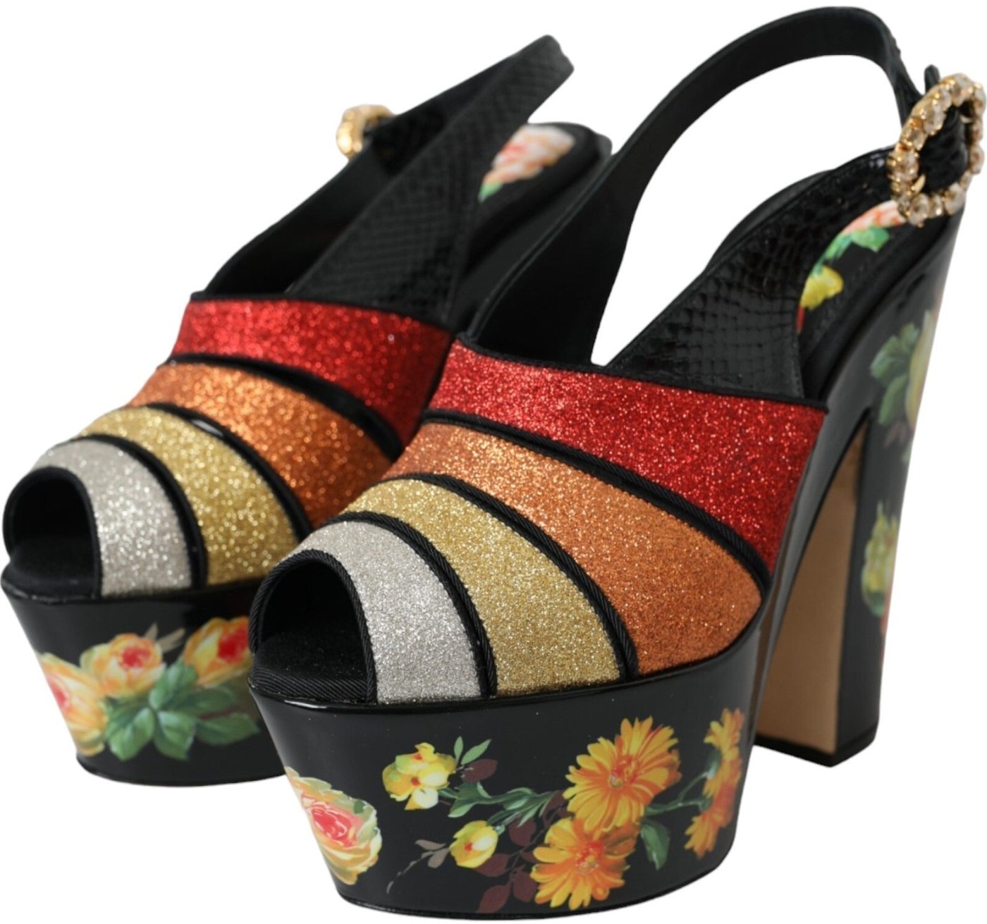 Dolce & Gabbana Multicolor Floral Crystal Platform Sandals Shoes