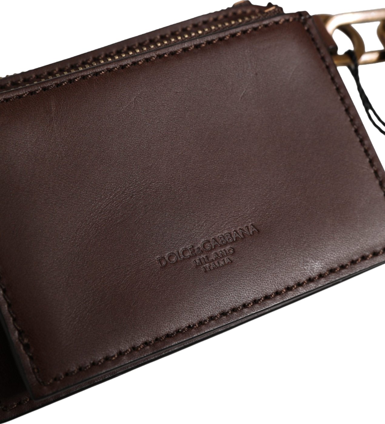 Dolce & Gabbana Brown Leather Logo Embossed Key Chain Coin Purse Wallet