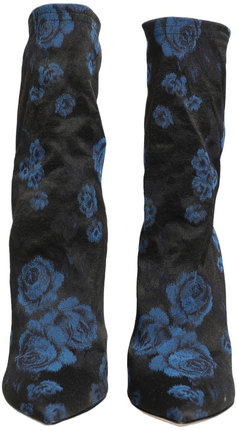 Dolce & Gabbana Black Blue Floral Stretch Sock Boots Shoes