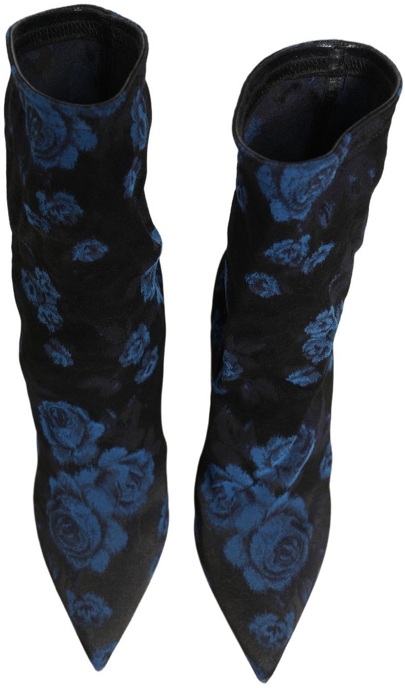 Dolce & Gabbana Black Blue Floral Stretch Sock Boots Shoes